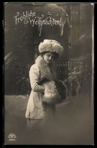 Foto-AK R & K / L Nr. 4484/1: Junge Dame mit Muff, Weihnachtsgruss