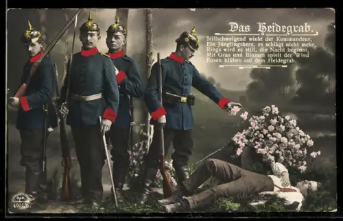 AK Das Heidegrab, Stillschweigend winkt der Kommandeur..., Soldaten mit Sachsen-Pickelhaube und Deserteur