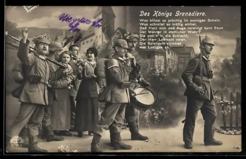 Foto-AK R & K / L Nr. 8256/1: Des Königs Grenadiere, Was blitzet so prächtig..., Soldatenzug