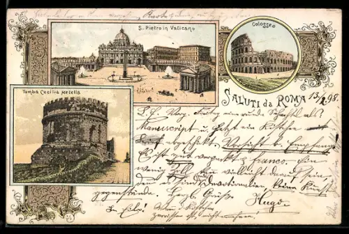 Lithographie Roma, S. Pietro in Vaticano, Colosseo, Tomba Cecilia Metella