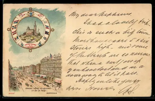 Lithographie Marseille, Notre-Dame de la Garde, Grand Hôtel du Louvre et de la Paix