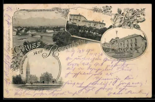 Passepartout-AK Rosenheim, Marienbad, Kaiserbad, Ortsansicht mit Innbrücke