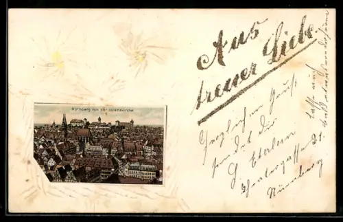 Lithographie Nürnberg, Teilansicht von der Lorenzkirche aus, Blumen