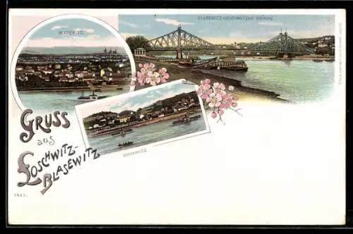 Lithographie Dresden-Blasewitz, Blasewitz-Loschwitzer Brücke, Ansichten von Blasewitz und Loschwitz