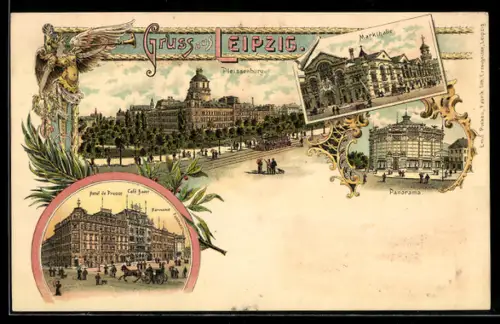 Lithographie Leipzig, Markthalle, Hotel de Prusse, Cafe Bauer, Panorama