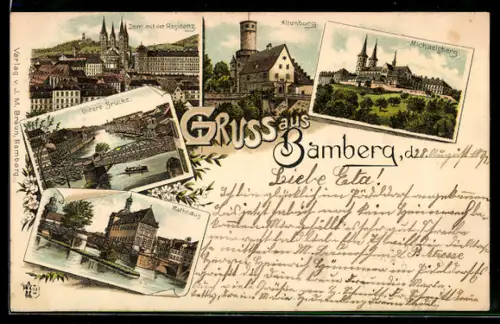 Lithographie Bamberg, Dom mit der Residenz, Untere Brücke, Michaelsberg