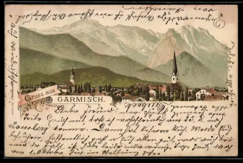 Lithographie Garmisch, Teilansicht mit Kirche
