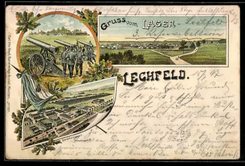 Lithographie Lechfeld, Blick auf das Lager, Barackenlager, Artillerie