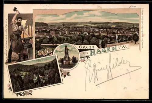 Lithographie Hagen i. W., Schmied, Ortsansicht, Krieger-Denkmal, Waldlust