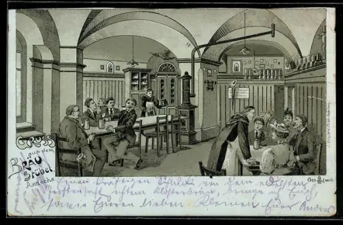 Lithographie Andechs, Gasthaus Bräustübel, Innenansicht
