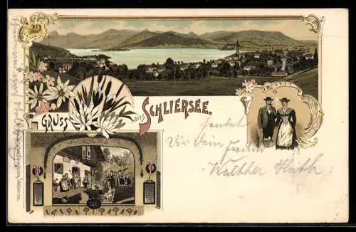 Lithographie Schliersee, Panorama, Vorhang des Bauerntheaters, Paar in Tracht