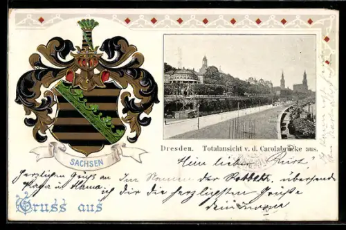 Lithographie Dresden, Totalansicht vond er Carolabrücke aus, Wappen von Sachsen, Passepartout