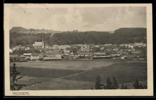 AK Trostberg, Panoramaansicht der Stadt mit Kirche und umliegender Landschaft