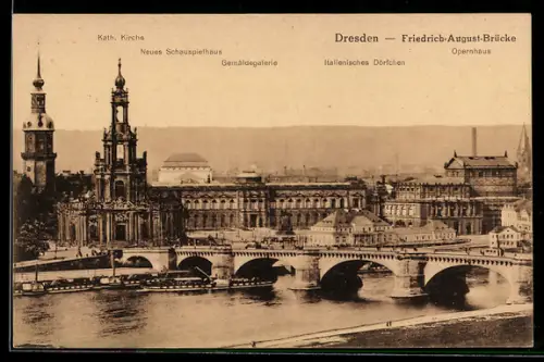 AK Dresden, Friedrich-August-Brücke, Kath. Kirche, Gemäldegalerie, Opernhaus