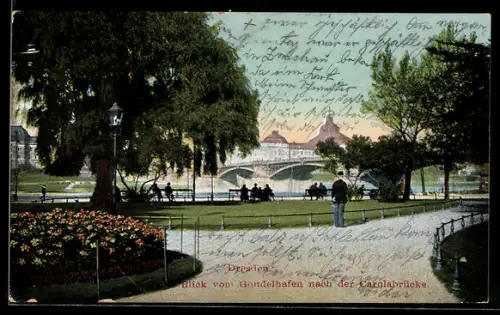 AK Dresden, Blick vom Gondelhafen nach der Carolabrücke
