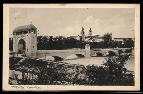 AK Freising, Isarbrücke mit Turmpanorama aus der Vogelschau
