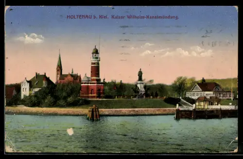 AK Holtenau b. Kiel, Kaiser Wilhelm-Kanalmündung, Leuchtturm, Denkmal, Kirche