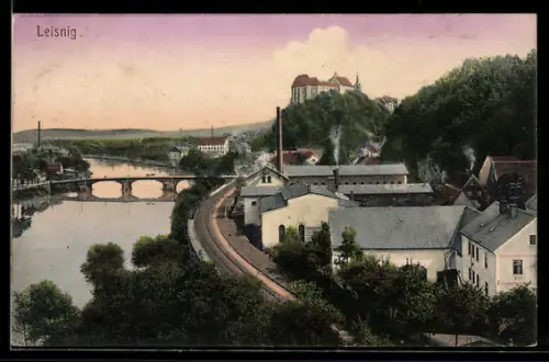 AK Leisnig, Panorama mit Burg, Brücke, Fabrikanlagen an der Mulde