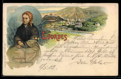 Lithographie Lourdes, Vue Générale, Bernadette Soubirous