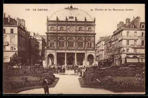 AK Le Havre, Le Théâtre et les Nouveaux Jardins