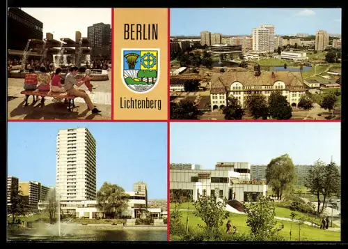 AK Berlin-Lichtenberg, Brunnen am Anton-Saefkow-Platz, HO-Gaststätte Seeterrassen, Am Fennpfuhl