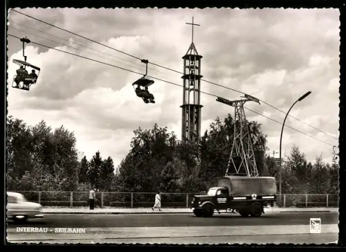 AK Berlin-Tiergarten, Ausstellung, Interbau-Seilbahn, Kaiser-Friedrich-Gedächtniskirche