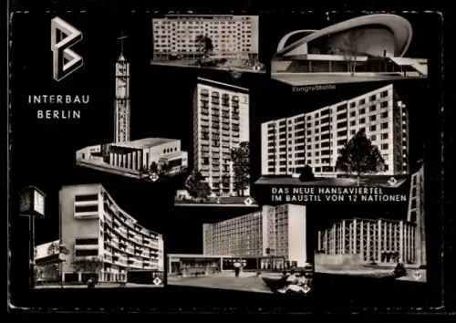 AK Berlin, Interbau, Hansaviertel, Kongresshalle, Wohnhäuser, Kirchen