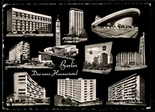 AK Berlin, neues Hansaviertel, Kongresshalle, Niemeyer-Haus, Aalto-Haus, Vago-Haus, Gropius-Ebert-Haus