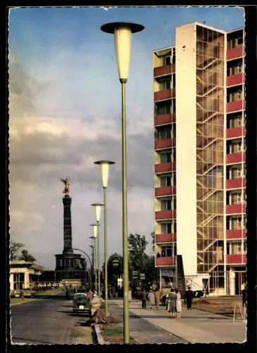 AK Berlin, Hansaviertel, Hochhaus mit Siegessäule