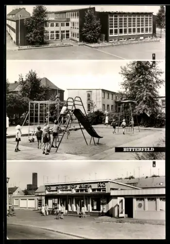AK Bitterfeld, Asphalt-Siedlung: Polytechn. Oberschule, Kindergarten, HO-Einkaufshalle