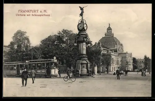 AK Frankfurt a. M., Uhrturm mit Strassenbahn u. Schauspielhaus, Radfahrer