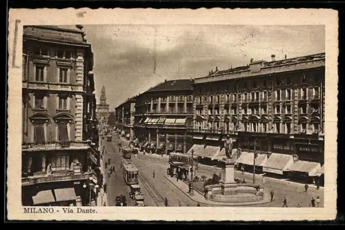 AK Milano, Via Dante, Strassenbahn