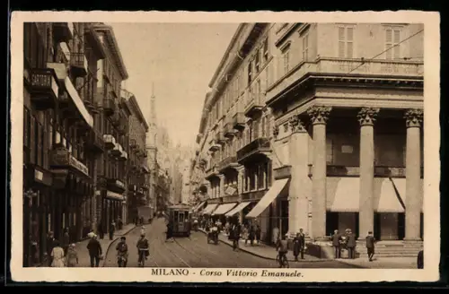 AK Milano, Corso Vittorio Emanuele, Strassenpartie mit Strassenbahn