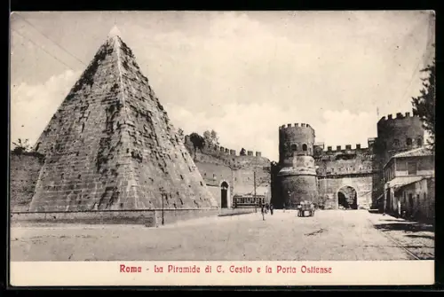 AK Roma, La Piramide di C. Cestio e la Porta Ostile, Strassenbahn