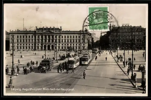 AK Leipzig, Augustusplatz mit Hauptpost und Strassenbahn