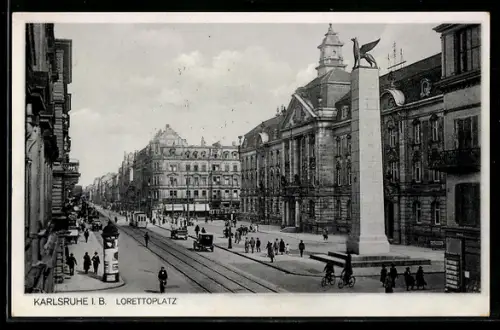 AK Karlsruhe i. B., Lorettoplatz mit Denkmal und Strassenbahn