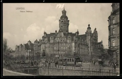 AK Leipzig, Neues Rathaus mit Strassenbahn