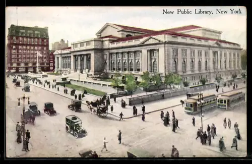 AK New York, NY, New Public Library, Strassenbahn