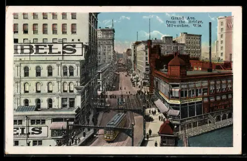 AK Milwaukee, WI, Grand Avenue from the Bridge, Strassenbahn