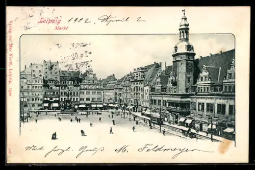 AK Leipzig, Markt mit Rathaus und Strassenbahn