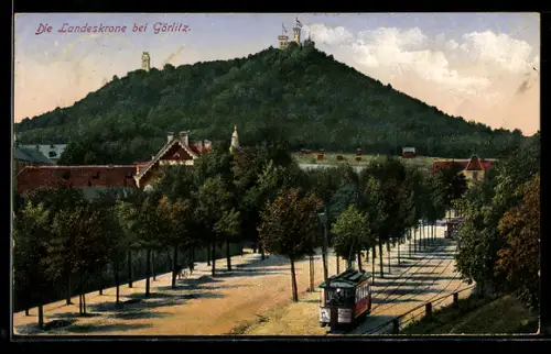 AK Görlitz, Landeskrone mit Strassenbahn