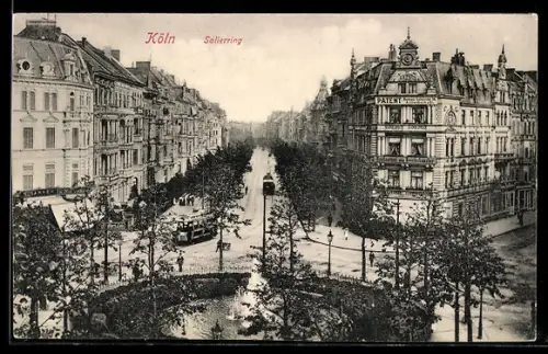 AK Köln, Salierring mit Geschäften und Strassenbahn