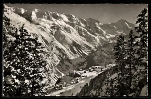 Foto-AK Emanuel Gyger: Mürren, Ebnefluh, Mittaghorn, Grosshorn und Breithorn