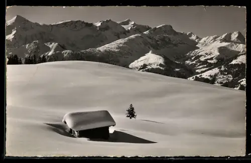 Foto-AK Emanuel Gyger: Lenk i. S., Winterlandschaft mit Mittaghorn, Wildhorn und Niesenhorn