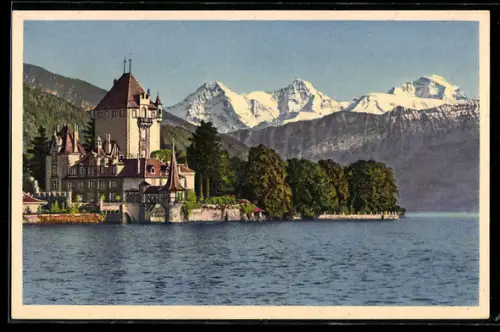 AK Oberhofen /Thunersee, Museum Schloss Oberhofen mit Eiger, Mönch und Jungfrau