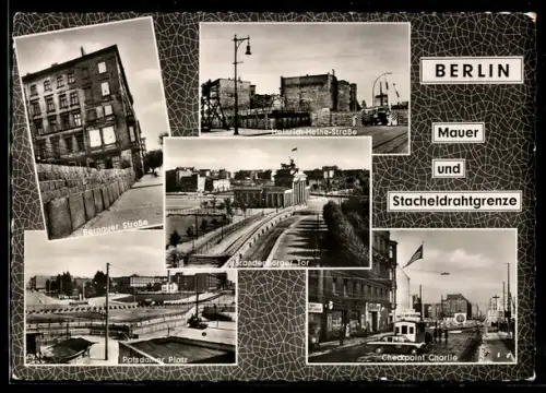 AK Berlin, Mauer und Stacheldrahtgrenze, Bernauer Strasse, Potsdamer Platz, Heinrich-Heine-Strasse, Checkpoint Charlie