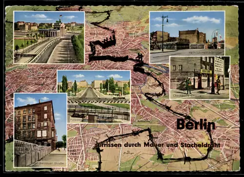 AK Berlin, Grenzverlauf durch Berlin mit Potsdamer Platz, Checkpoint Charlie und Brandenburger Tor