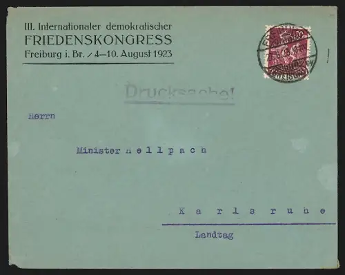 Dekorativer Brief Freiburg i. Br., III. Internationaler demokratischer Friedenskongress 1923