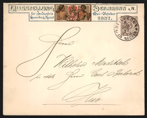 Dekorativer Brief Heilbronn a. N., Ausstellung für Industrie, Gewerbe und Kunst 1897, Arbeiter mit Hammer und Zahnrad