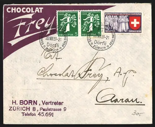 Dekorativer Brief Zürich, Chocolat Frey, Vertreter H. Born, Paulstrasse 9